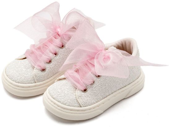 Εικόνα της Sneaker απο Ύφασμα Glitter με Κορδέλα EXC5871 Λευκό Ροζ