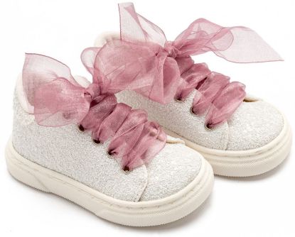 Εικόνα της Sneaker απο Ύφασμα Glitter με Κορδέλα EXC5871 Λευκό Ροζ Αντικέ
