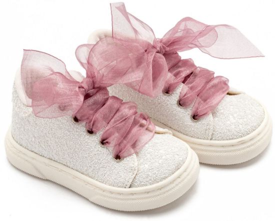 Εικόνα της Sneaker απο Ύφασμα Glitter με Κορδέλα EXC5871 Λευκό Ροζ Αντικέ