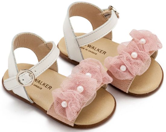 Εικόνα της Πέδιλο με Λουλουδάκια και Πέρλες PRI2645 Εκρού Ροζ