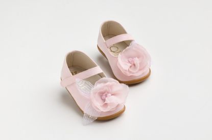 Εικόνα της K632P - Μπαλαρίνα για τα πρώτα βήματα σε ρόζ συνθετικό καστόρ με χειροποίητο ροζ λουλούδι και πουα πλισε τούλι