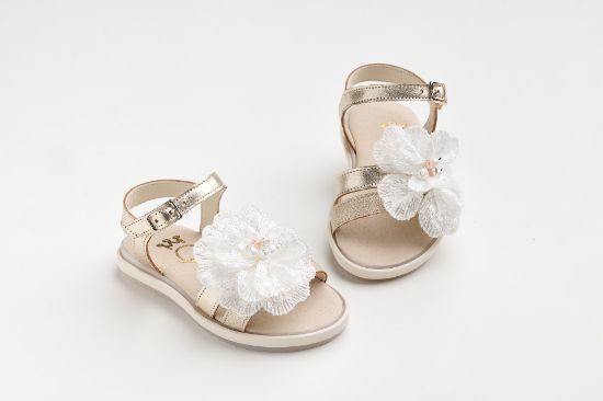 Εικόνα της K643X - Σανδάλι περπατήματος σε χρυσό δέρμα και χρυσό γκλιτερ με λουλούδι κεντημένο με παγιέτες