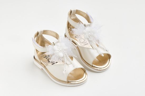 Εικόνα της K646E - Σανδάλι περπατήματος σε εκρού δέρμα διακοσμημένο με off white χειροποίητο διακοσμητικό τούλι γκλιτερ, λουλούδι και παγιέτες