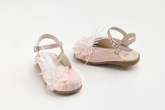 Εικόνα της K672P - Μπαλαρίνα περπατήματος mule σε dusty pink δέρμα και ροζ ύφασμα με μοτίβο χειροποίητο λουλούδι και φτερά