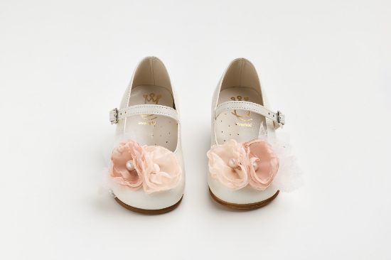 Εικόνα της K6117E - Μπαλαρίνα περπατήματος σε εκρού δέρμα με σομόν, σάπιο μήλο χειροποίητο διακοσμητικό και γκλιτερ τούλι