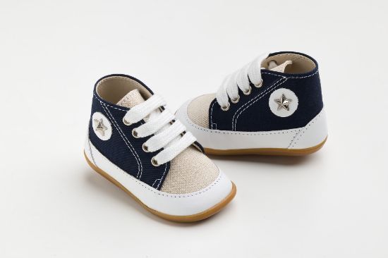 Εικόνα της A611M - μποτάκι πρώτα βήματα σε λευκό δέρμα, μπλε και εκρού ύφασμα