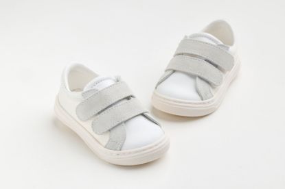 Εικόνα της A628A - παπουτσάκι περπατήματος σε λευκό ύφασμα, λευκό καστόρ και λείο Δέρμα