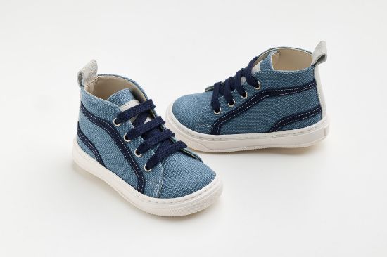 Εικόνα της A633M - μποτάκι περπατήματος σε μπλε ύφασμα και λεπτομέρεια από μπεζ και λευκό καστόρ δέρμα